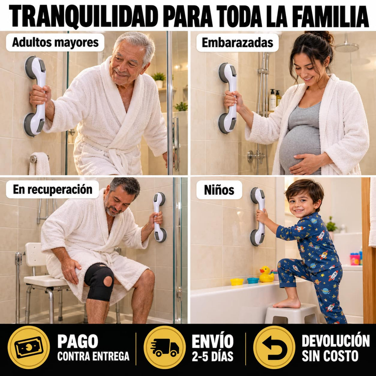 Barra de Apoyo SafeGrip™ | Seguridad en la Ducha Sin Taladrar