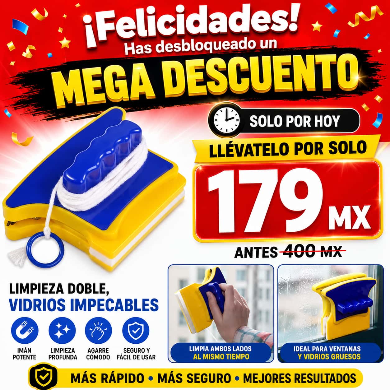 🏷️Limpia Vidrios Ventanas Magnético Doble +50% OFF🔥