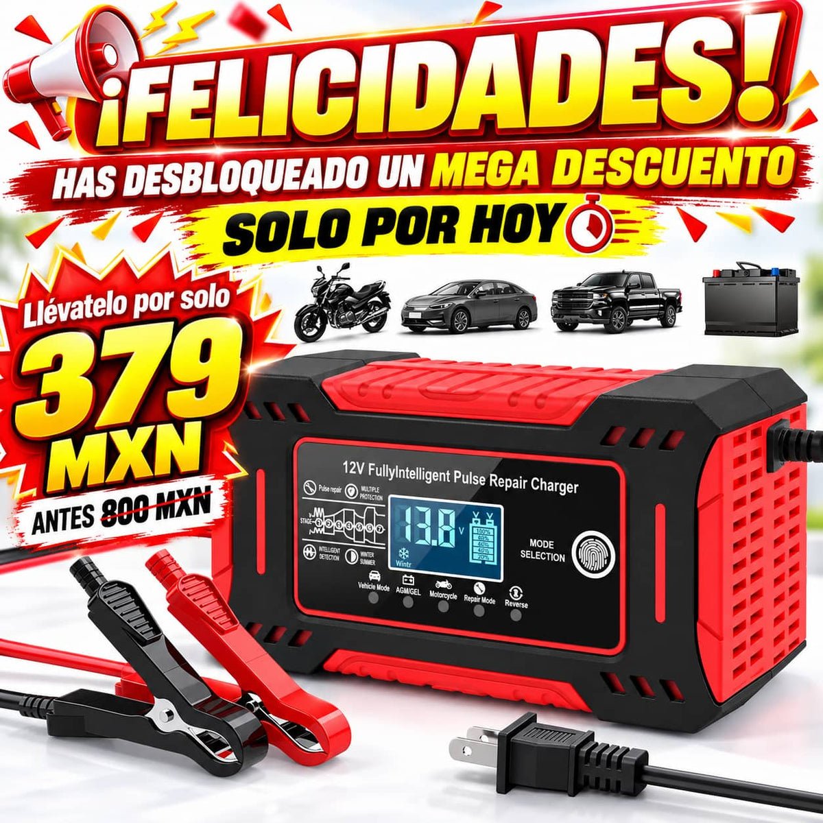 🏷️CARGADOR DE BATERIA PARA AUTO, MOTO ,ETC. +50% OFF⚡