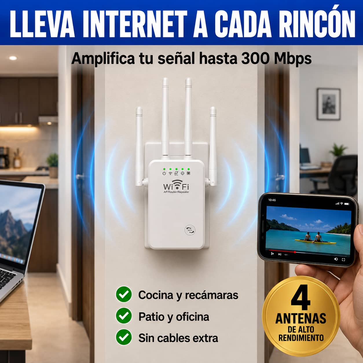 Repetidor WiFiMax Ultra™ 4 Antenas | Internet Estable en Cada Rincón de Tu Casa