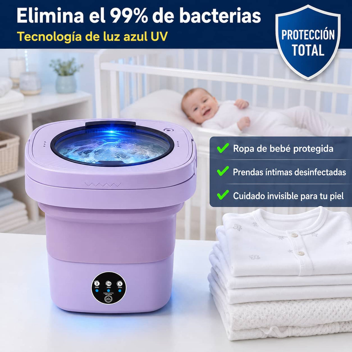 Mini-Lavadora WashFlex Pro™ | Ropa Limpia en Minutos, Donde Estés