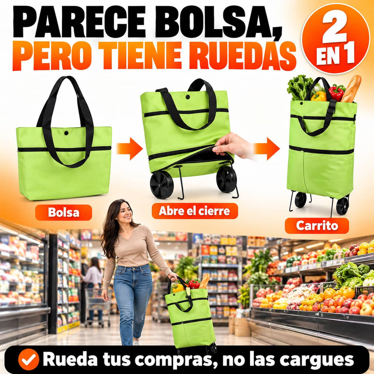 Bolsa Carrito Plegable 2 en 1 | Adiós a Cargar el Mandado