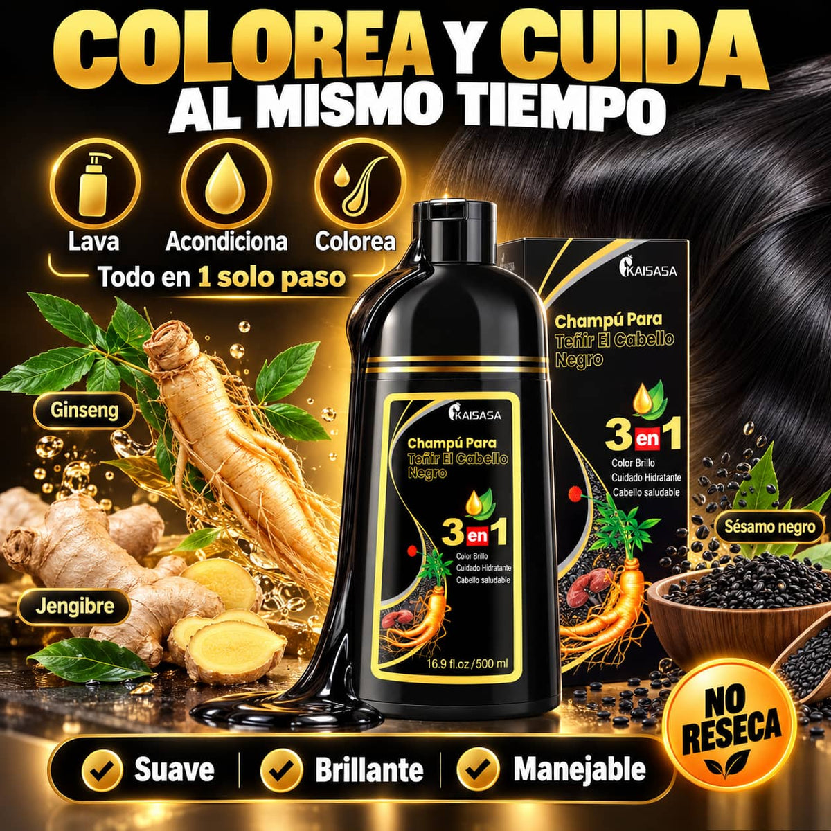 Shampoo Tinte Negro 3 en 1 | Adiós Canas en 15 Minutos