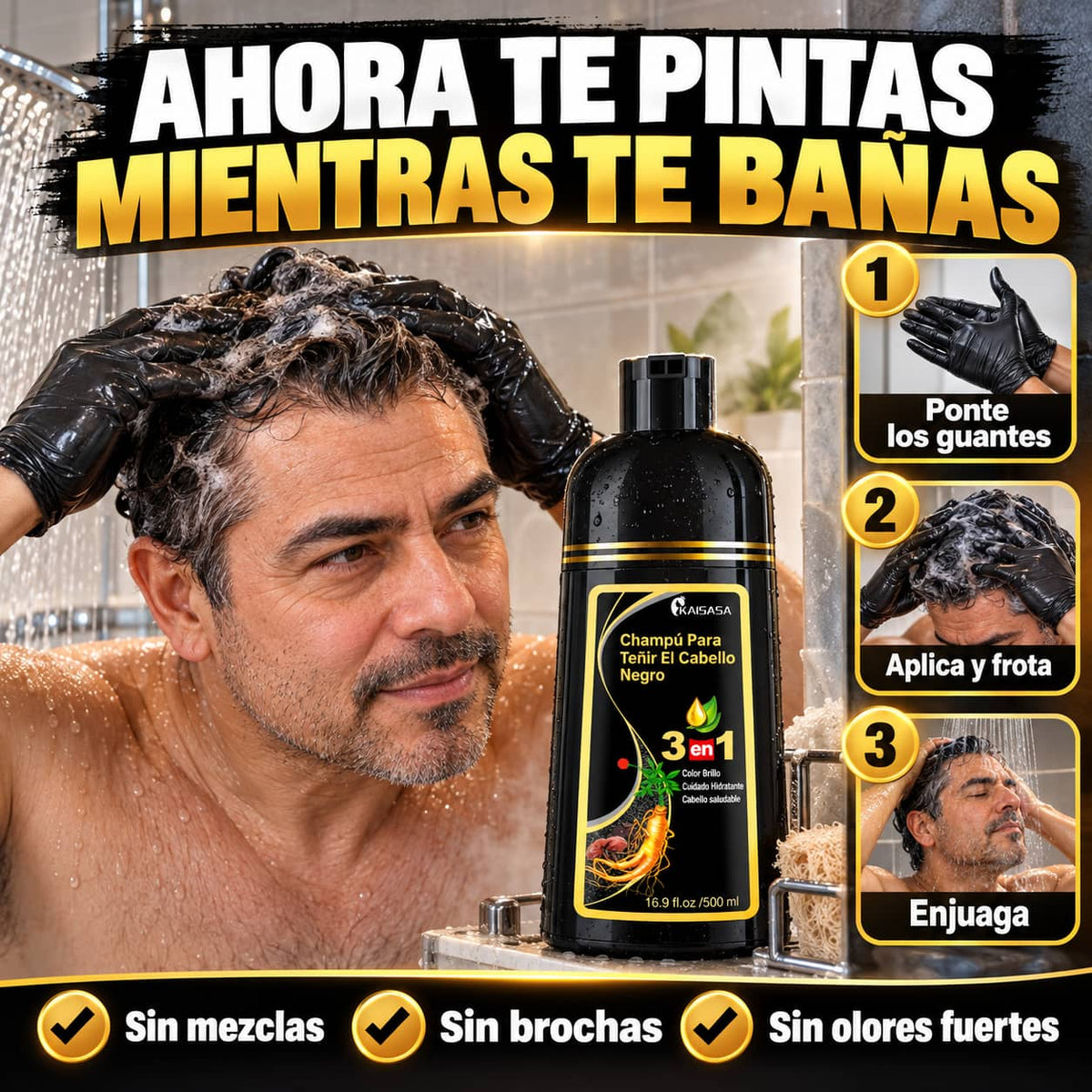 Shampoo Tinte Negro 3 en 1 | Adiós Canas en 15 Minutos