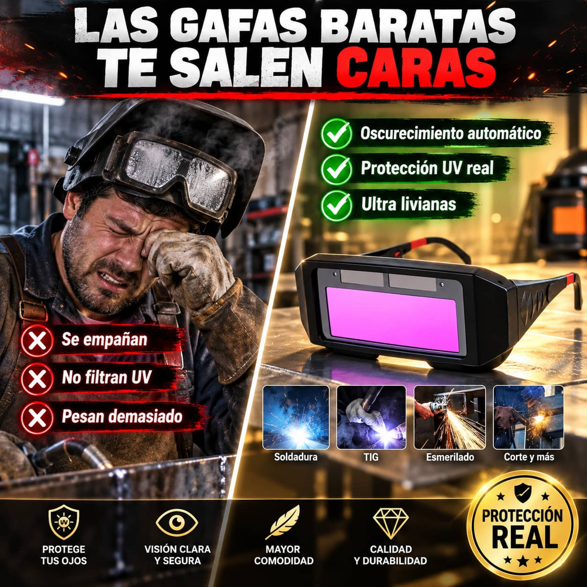 Gafas de Soldadura con Oscurecimiento Automático | Protección Total Sin Cambiar Baterías