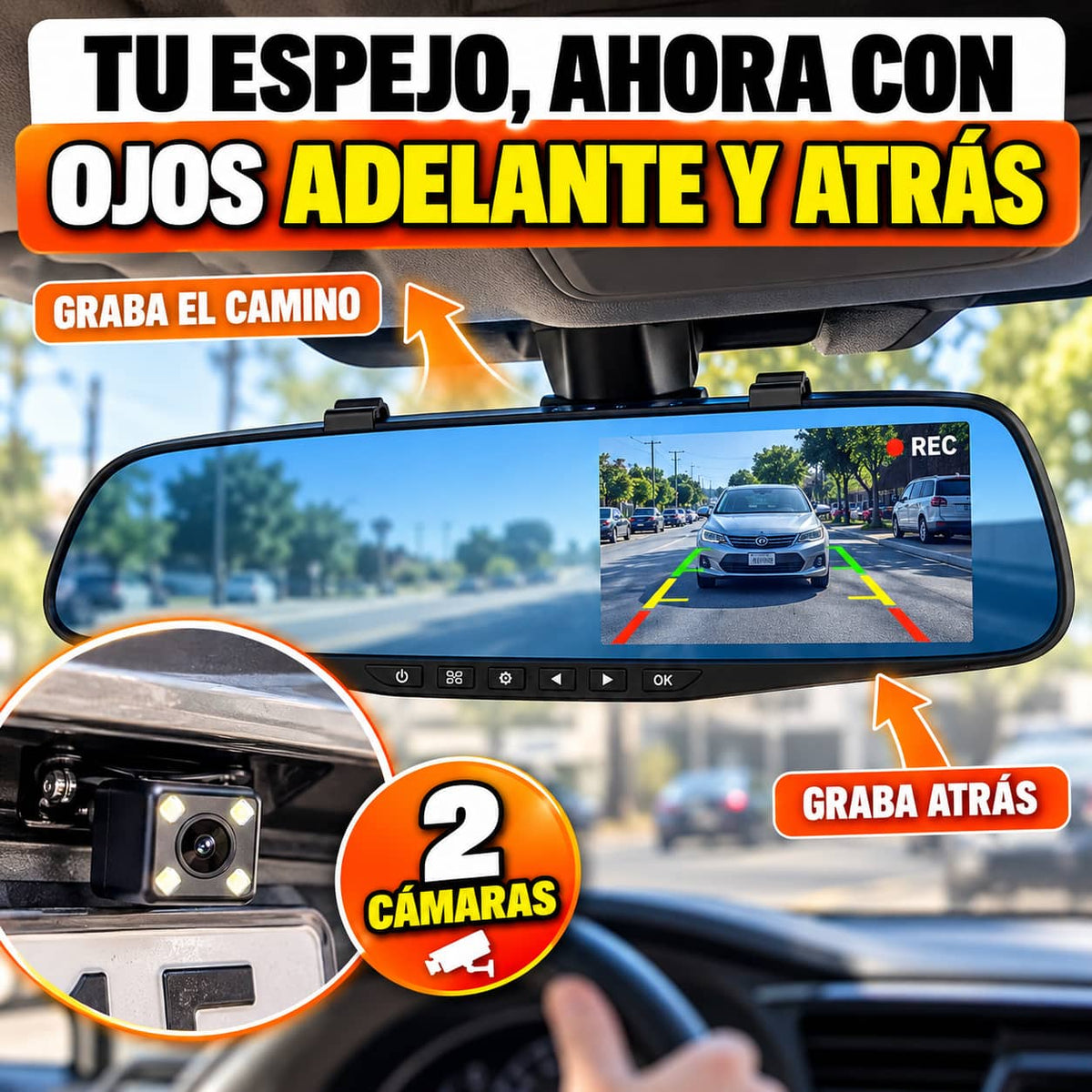 Espejo Retrovisor con Doble Cámara | Maneja Seguro, Todo Queda Grabado