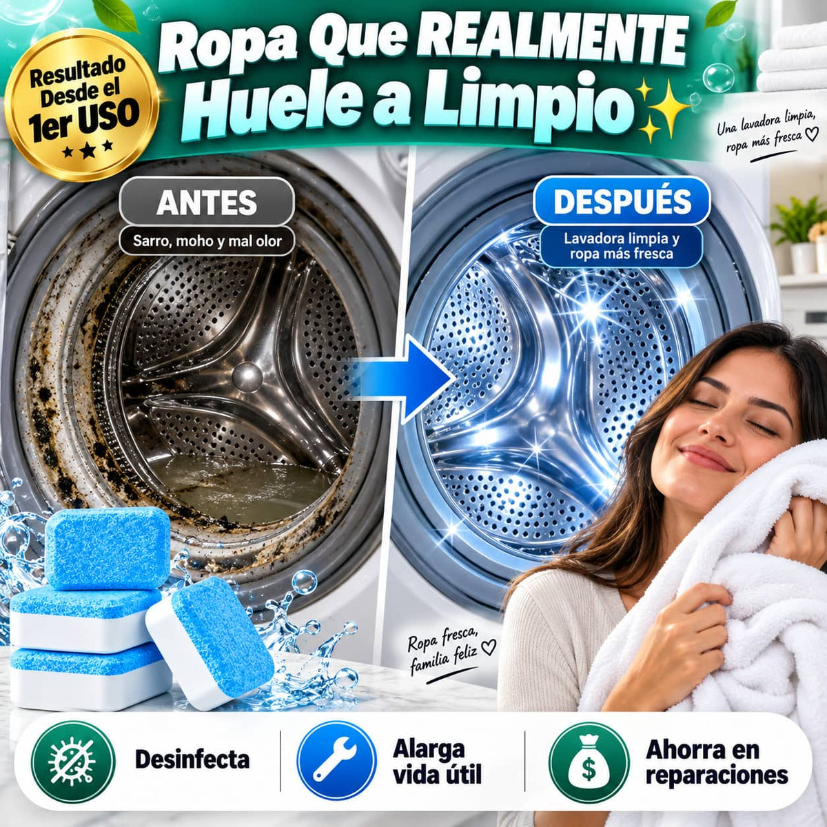 Tabletas Limpiadoras WashingMachine™ | Elimina Olores y Bacterias Sin Esfuerzo