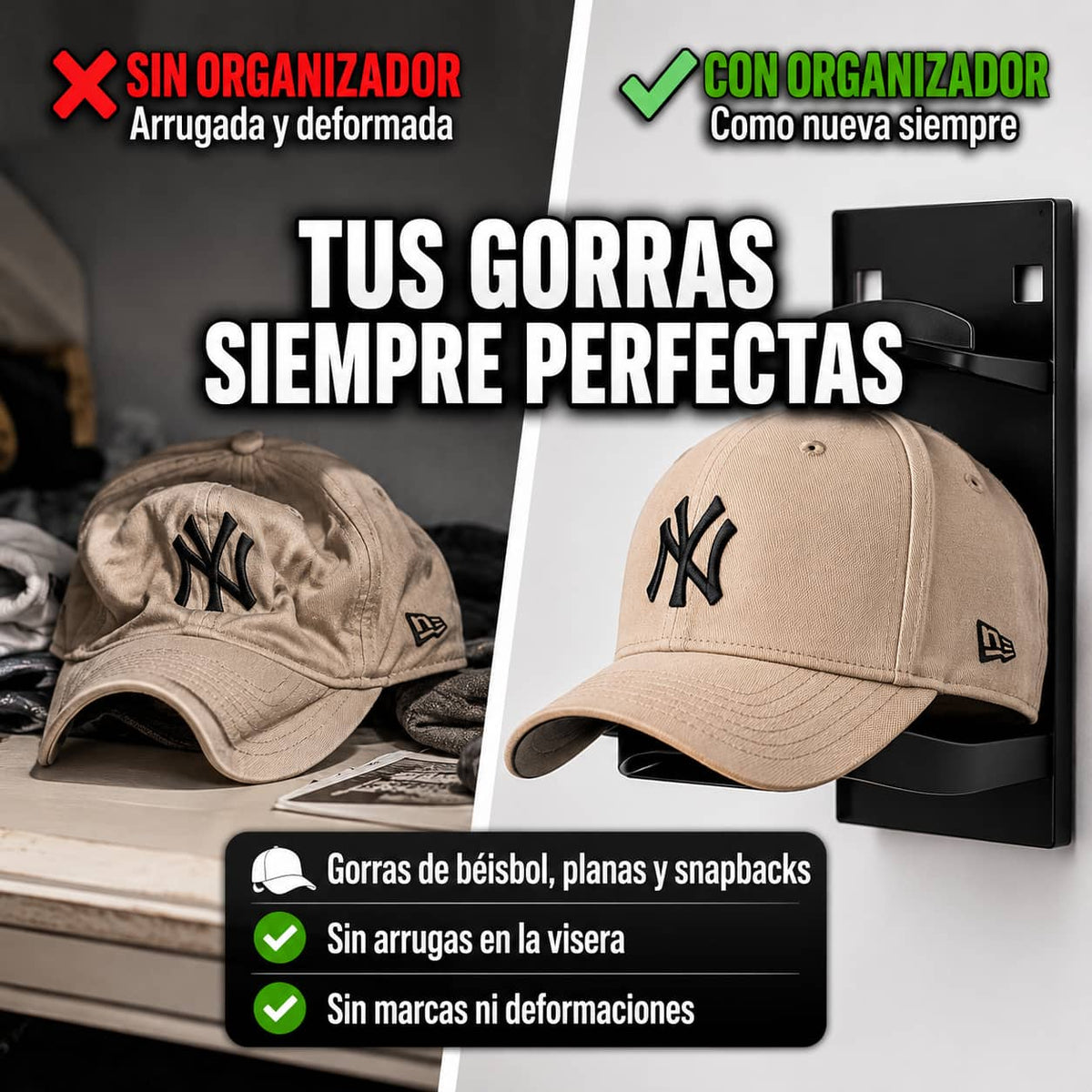 Organizador de Gorras para Pared | Todas Tus Gorras Ordenadas Sin Perder Espacio