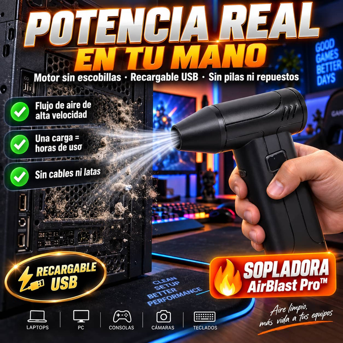 Sopladora AirBlast Pro™ | Elimina el Polvo en Segundos Sin Esfuerzo
