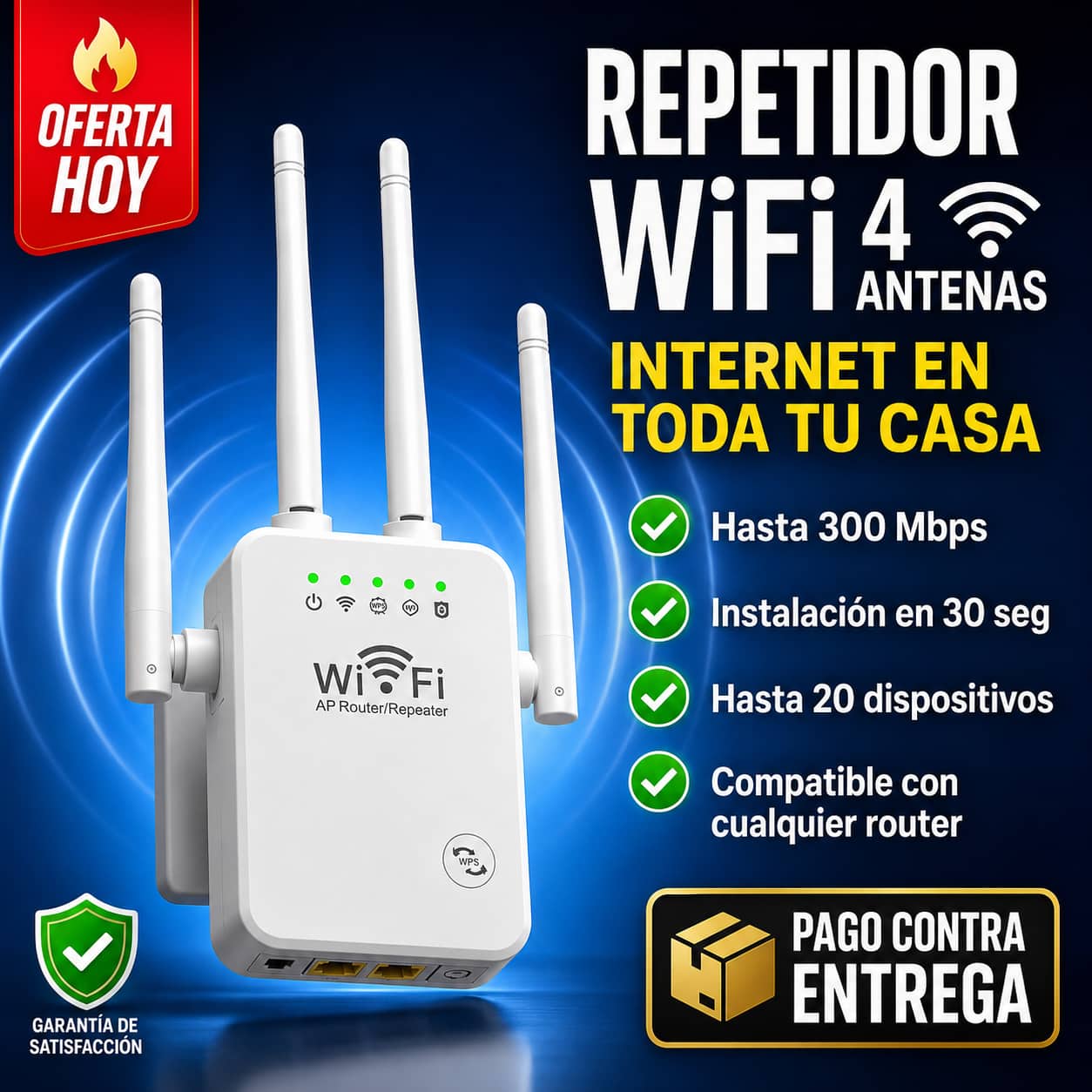 Repetidor WiFiMax Ultra™ 4 Antenas | Internet Estable en Cada Rincón de Tu Casa
