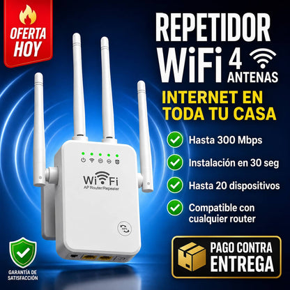 Repetidor WiFiMax Ultra™ 4 Antenas | Internet Estable en Cada Rincón de Tu Casa
