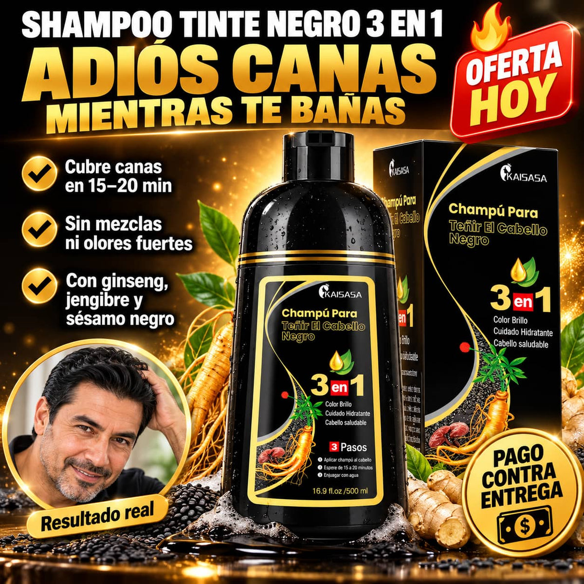 Shampoo Tinte Negro 3 en 1 | Adiós Canas en 15 Minutos