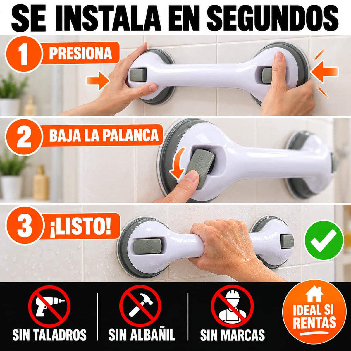 Barra de Apoyo SafeGrip™ | Seguridad en la Ducha Sin Taladrar
