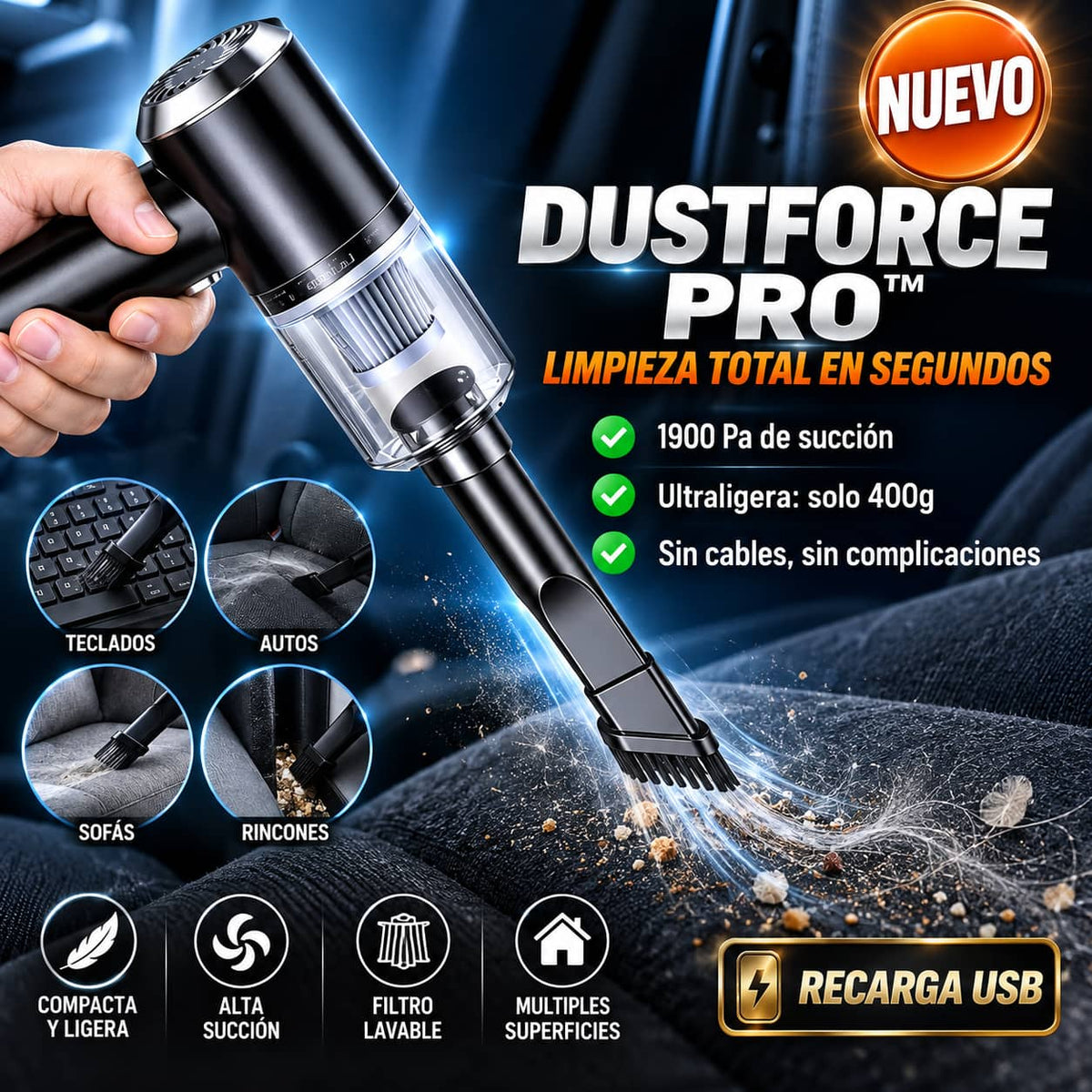 Mini Aspiradora DustForce Pro™ | Limpieza Profunda Sin Cables en Segundos